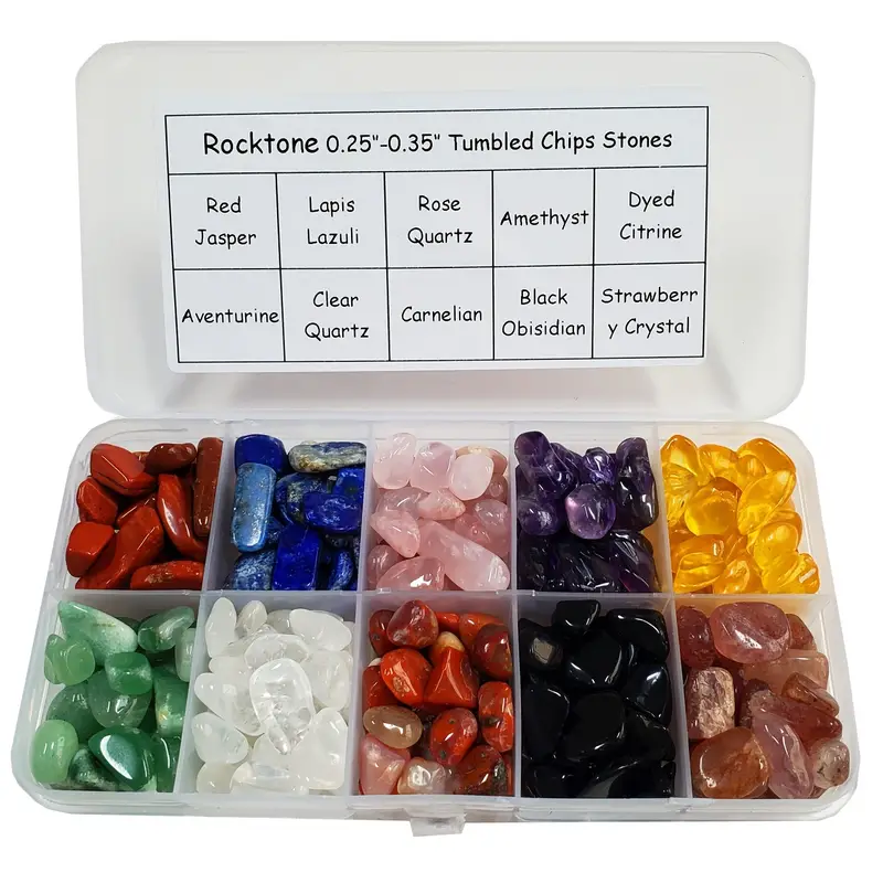 Doos met diverse trommelstenen