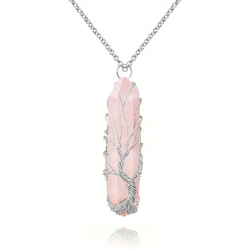 Zilverkleurige Ketting met Rozenkwarts en Levensboom