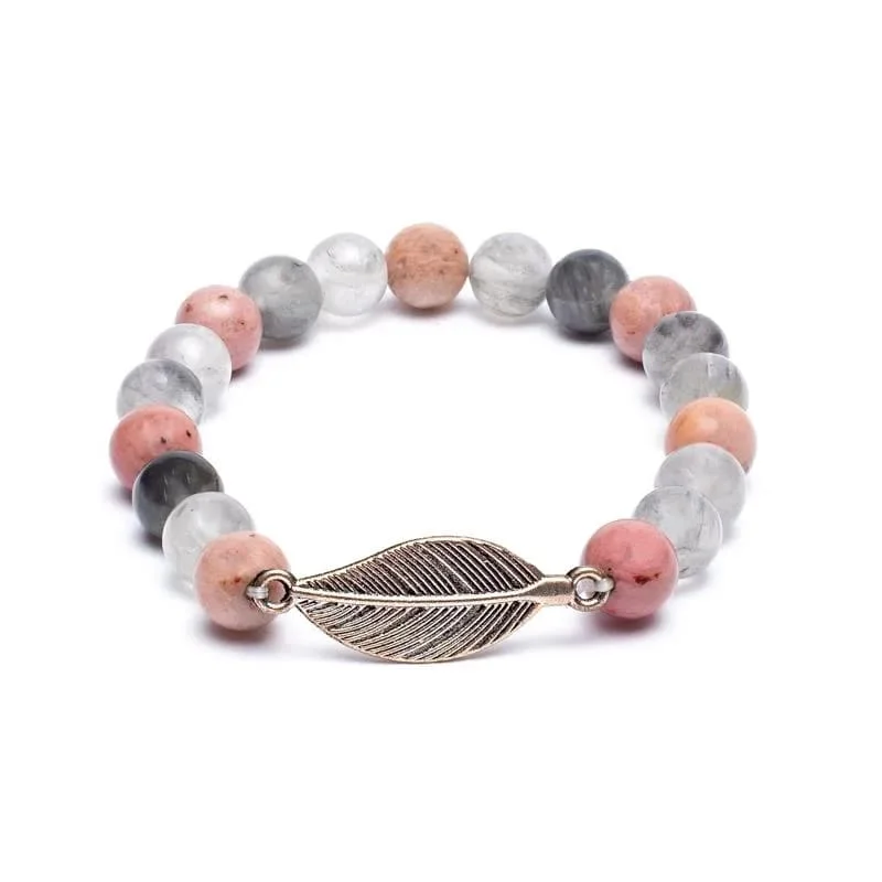 Armband Rhodoniet en Grijze Quartz met Veer