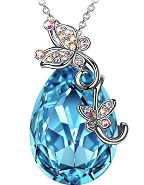 Zilverkleurige Ketting met Blauwe Druppelvormige Kristal en Vlinders