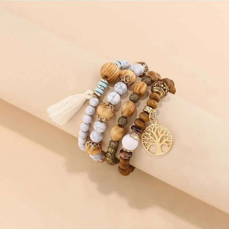 Vierlaagse Wikkelarmband met Kralen en Levensboom Bedel